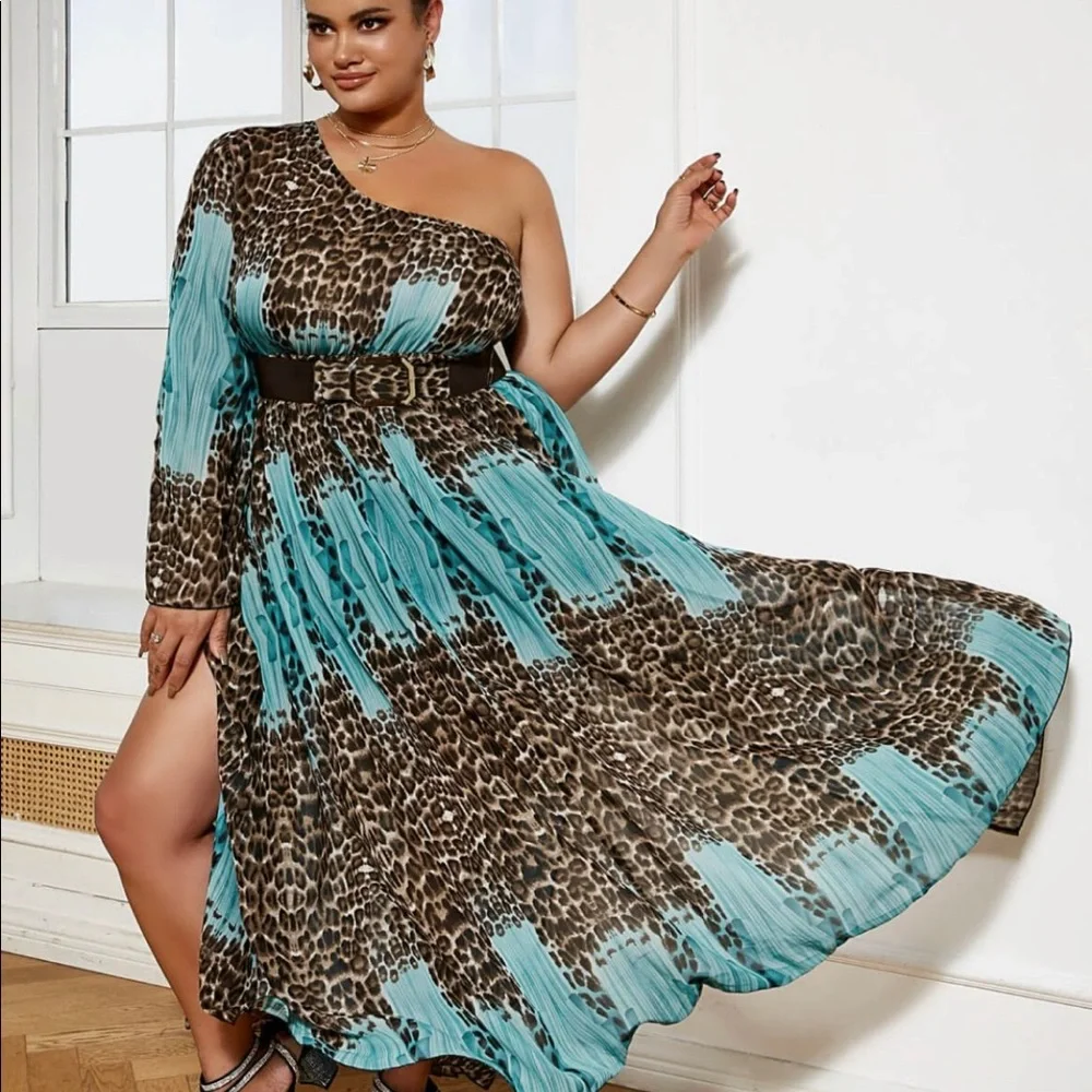 SALE Animal print belted side split one shoulder dress - Picture 4 of 4